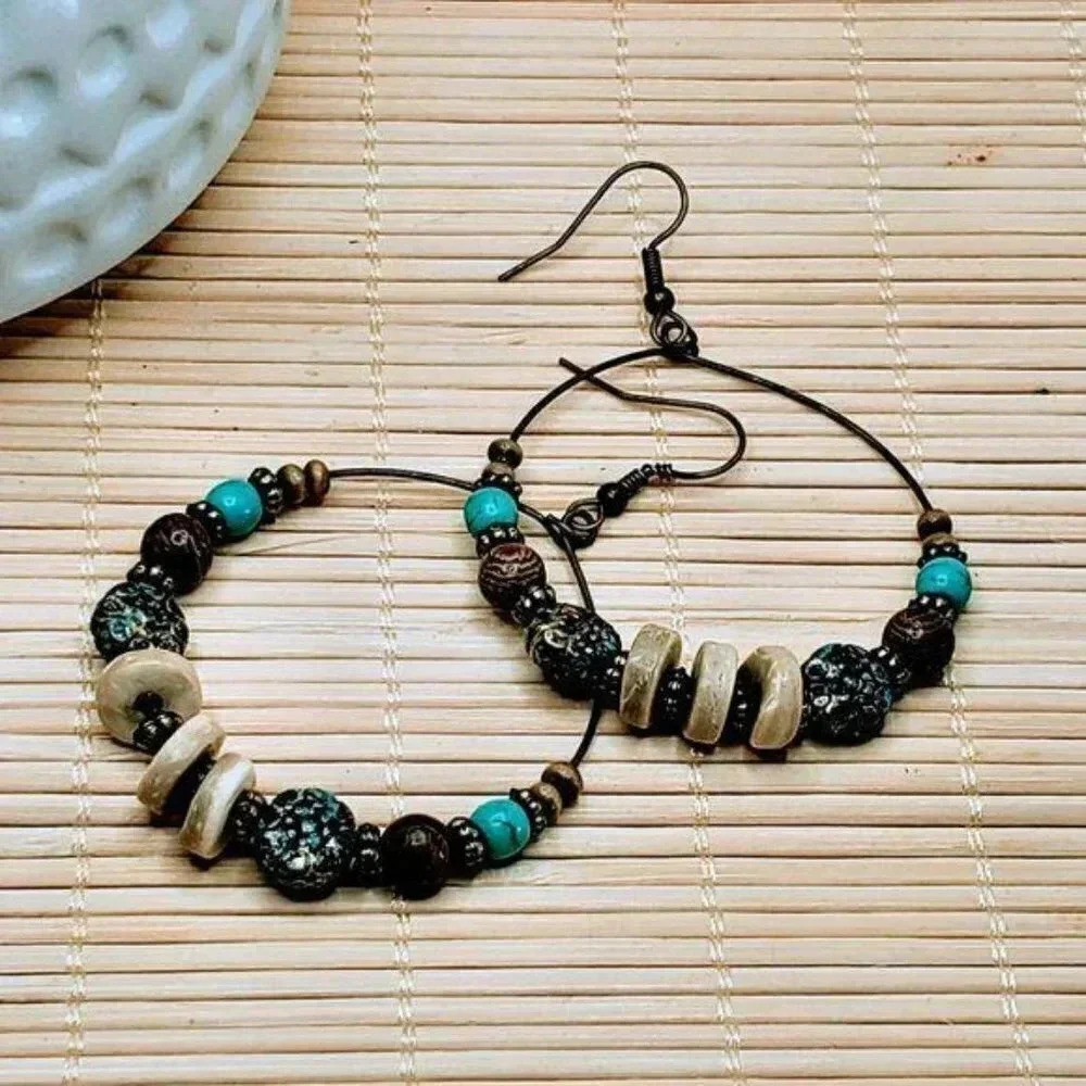 Antiqued Patina Wood Boho Beads Earrings